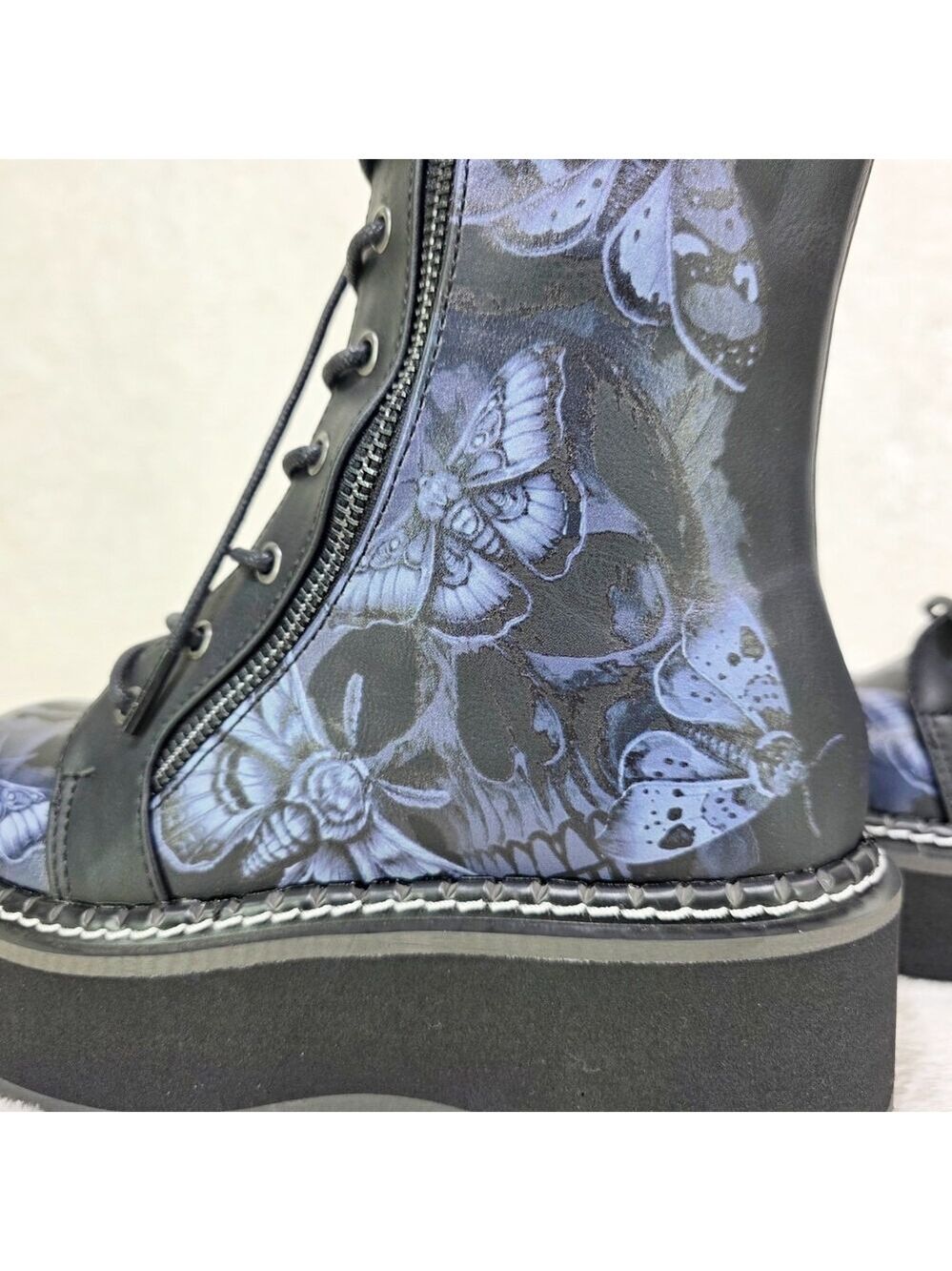 NIB NEW DEMONIA Emily Death Moth Skull Graphic Platform Goth Punk Mid Calf Boots - Picture 13 of 16